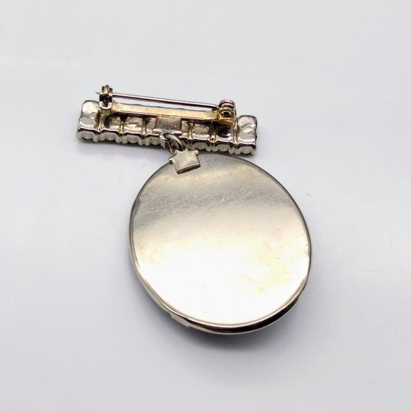 Vintage Glitz Brooch with Dangling Faceted Black Cabochon Oval in Silver Tone - Picture 4 of 4